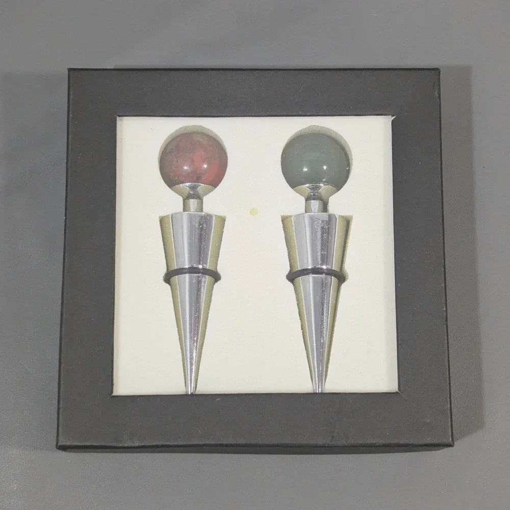 2pc Polished Stone Wine Bottle Stopper Set Red Green Chrome Metal Barware Gift